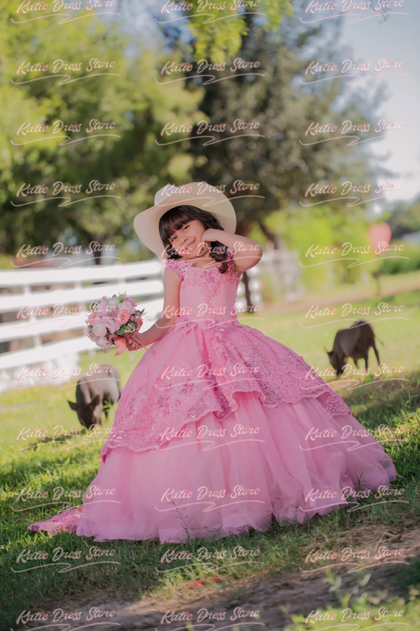 Pink Elegant Flower Girl Dress For Wedding Lace Applique Bow Sequins Kids Birthday Party First Communion Ball Gowns Customized