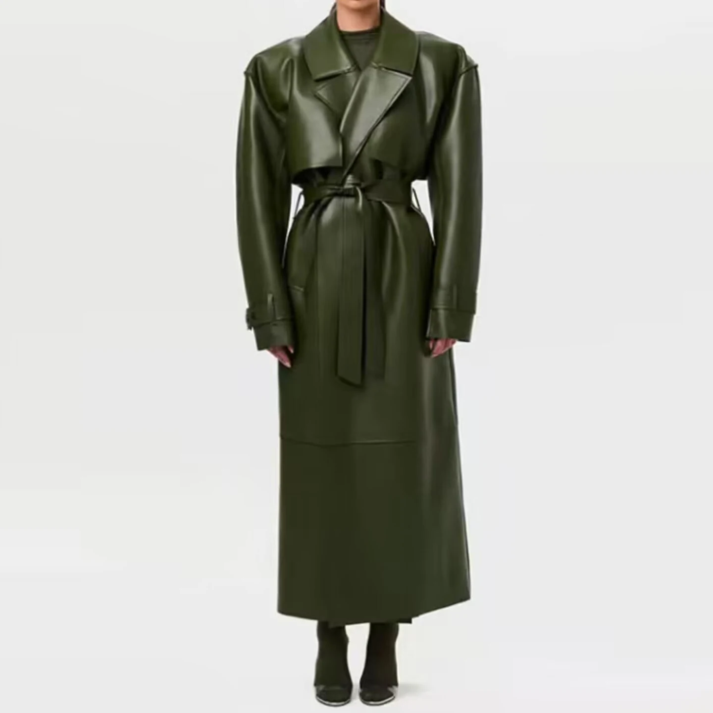 2025年冬新作 レディース ファッション ロングコート ベルト付き 多用途 通勤 アウター エレガント レディース 高級レザー ジャケット