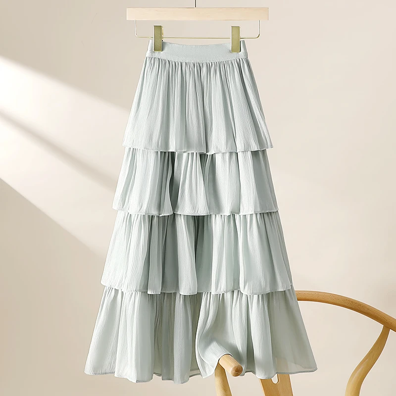 Glimmende Tule Taartrok Dames Halflange A-lijn Geplooide Hoge Taille Meerlaagse Parelwitte Rok voor de zomer
