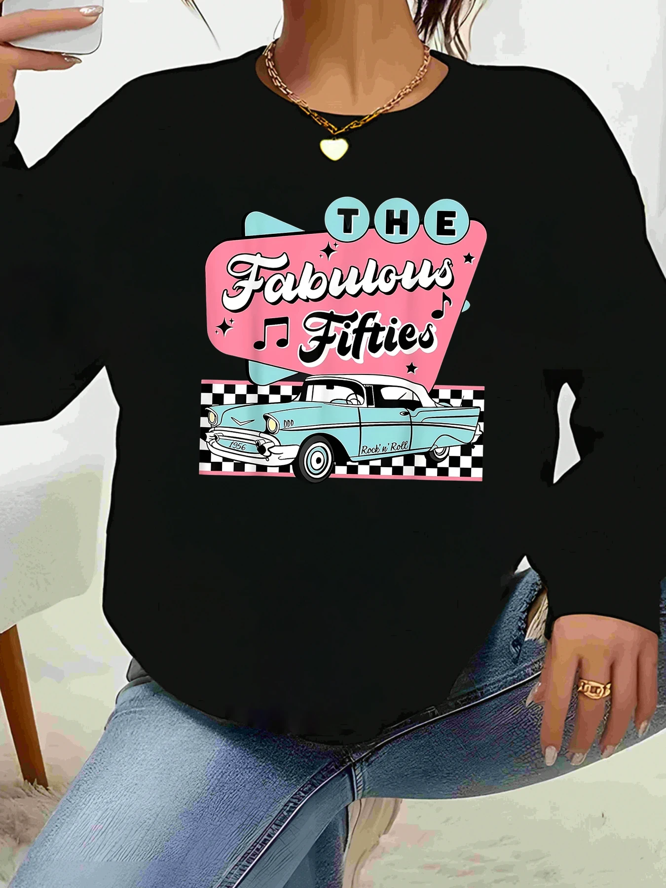 The Fabulous Fifties Car Print Camiseta de manga larga Ropa casual Moda femenina