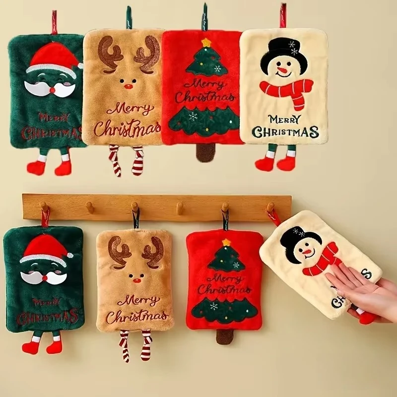 4pcs Xmas Handkerchief Towel, Thick Coral Fleece Xmas Print, Extended Loop, Absorbent Quick Dry Home Handkerchief