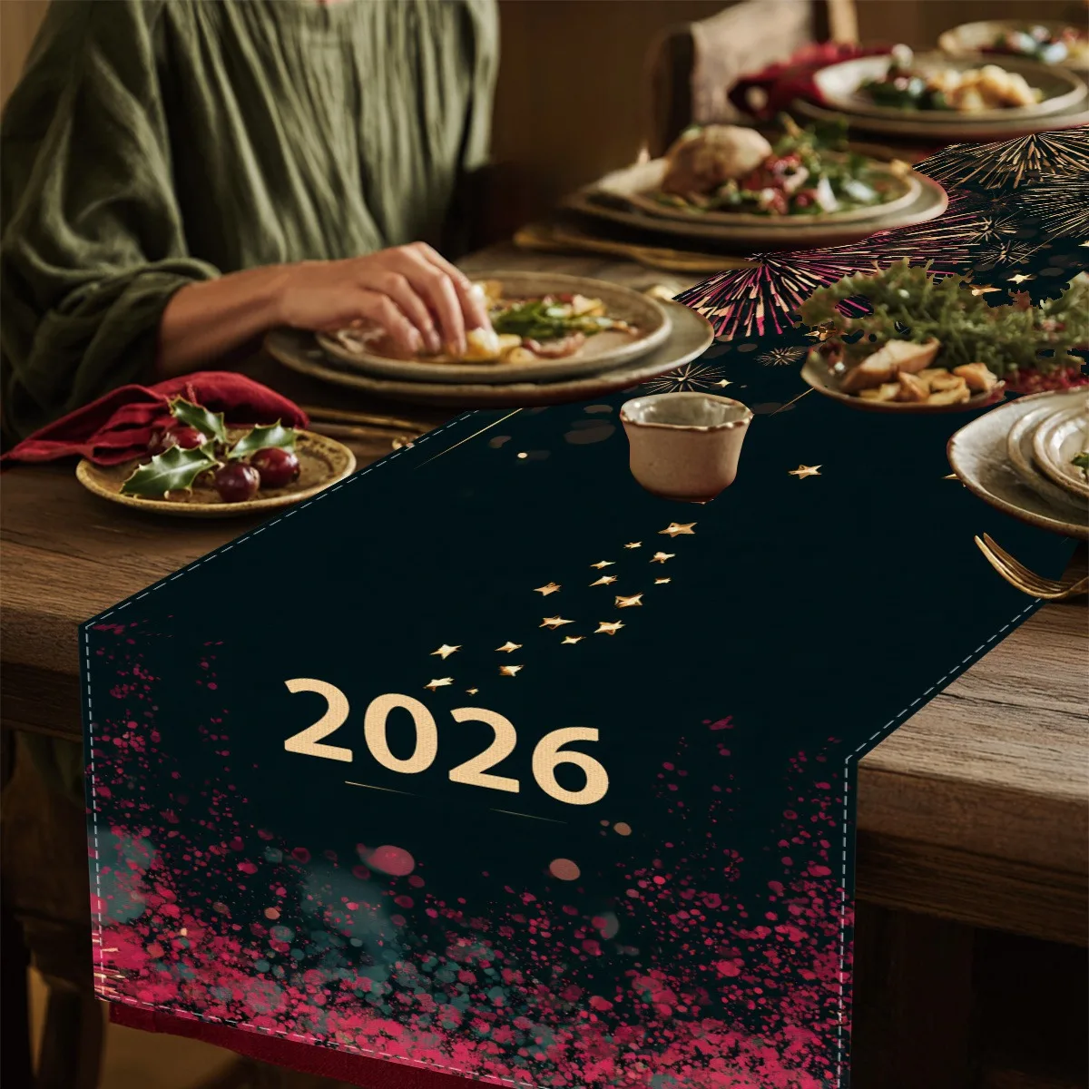 1 قطعة الجدول عداء أحجام متعددة 2D طباعة عيد الحب 2026 ليلة مليئة بالنجوم الألعاب النارية الذهب البريق فو الكتان داخلي ديكور للطاولات هدية #3