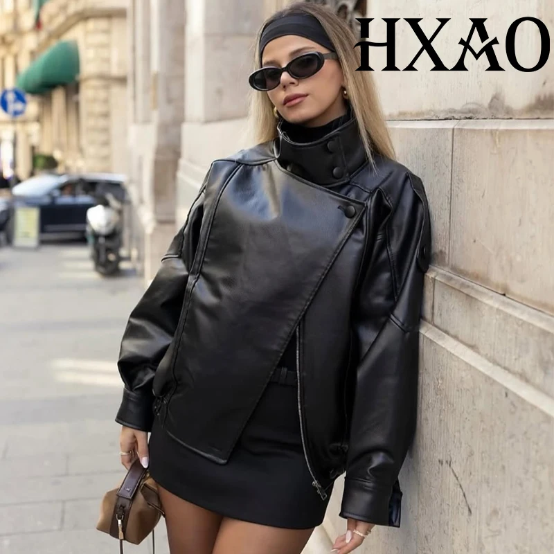HXAO Faux Leather Bomber Jacket Coats Demi-Season Black Jackets For Woman Outerwears Snap Button Cropped Motorcycle Jacket