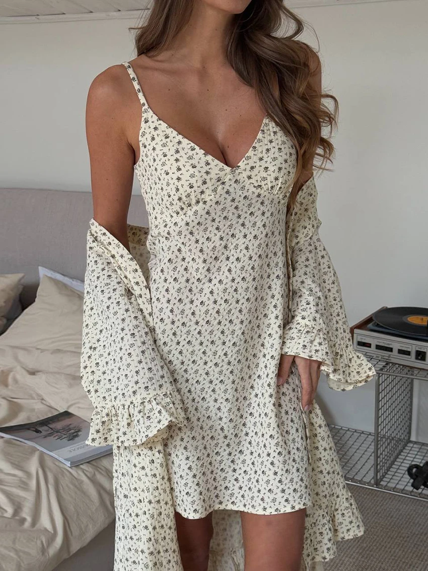 Marthaqiqi Casual Ladies Pajamas Suit Backless Dress Spaghetti Strap Sleepwear Long Sleeve V-Neck Bathrobe Printing Home Clothes