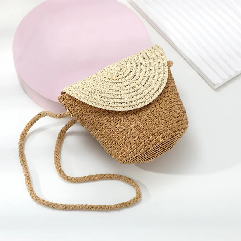 Flip Children's Bag Cute Woven Straw Handbag Handmade Rattan Shoulder Bags Summer Beach Small Purse Girl Wallet Crossbody Bag