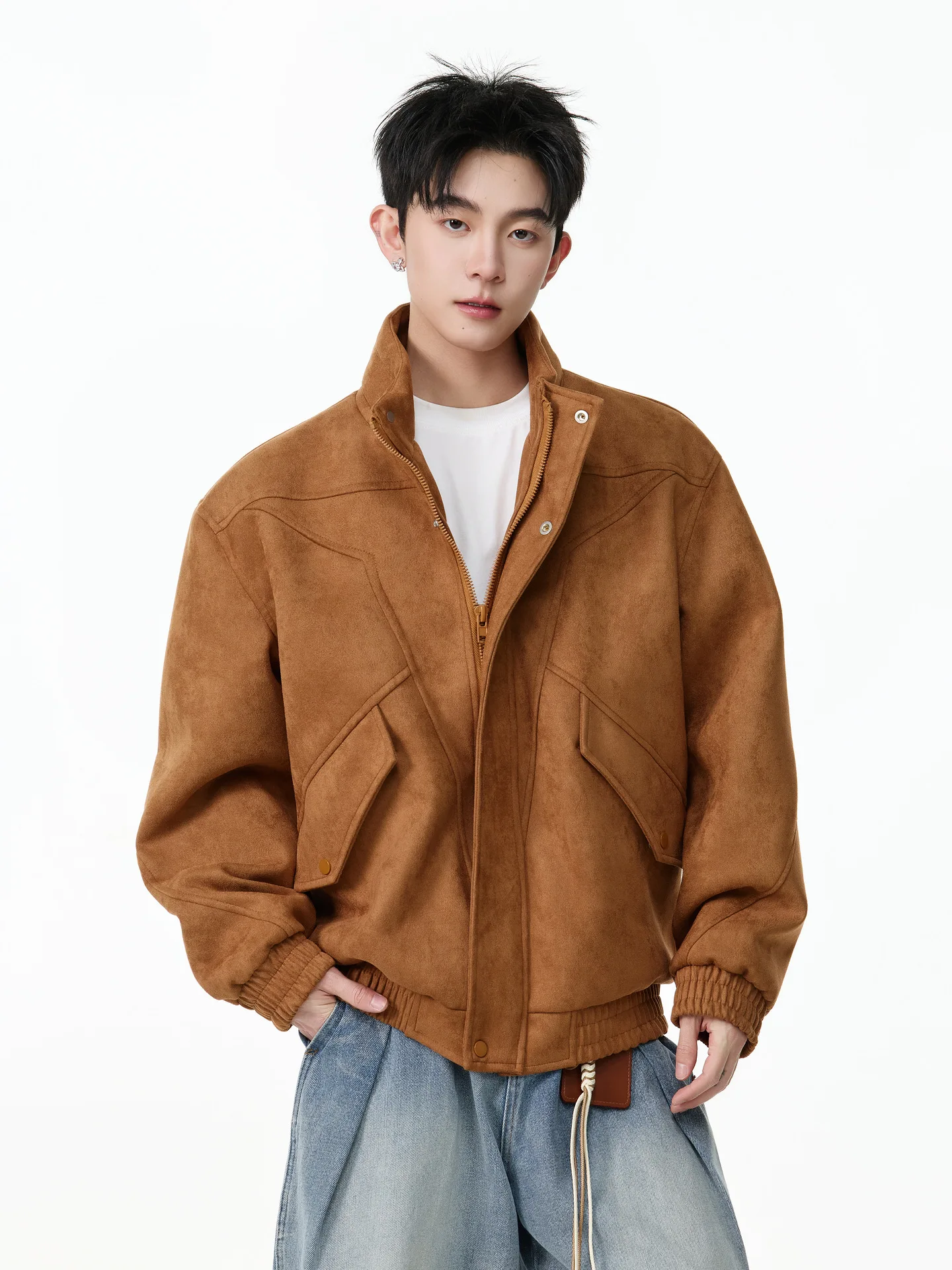 

American Retro Deconstructed Splicing Suede Jaet Loose Casual Men's ort Coat Youth ular Spring Autumn Outerwear