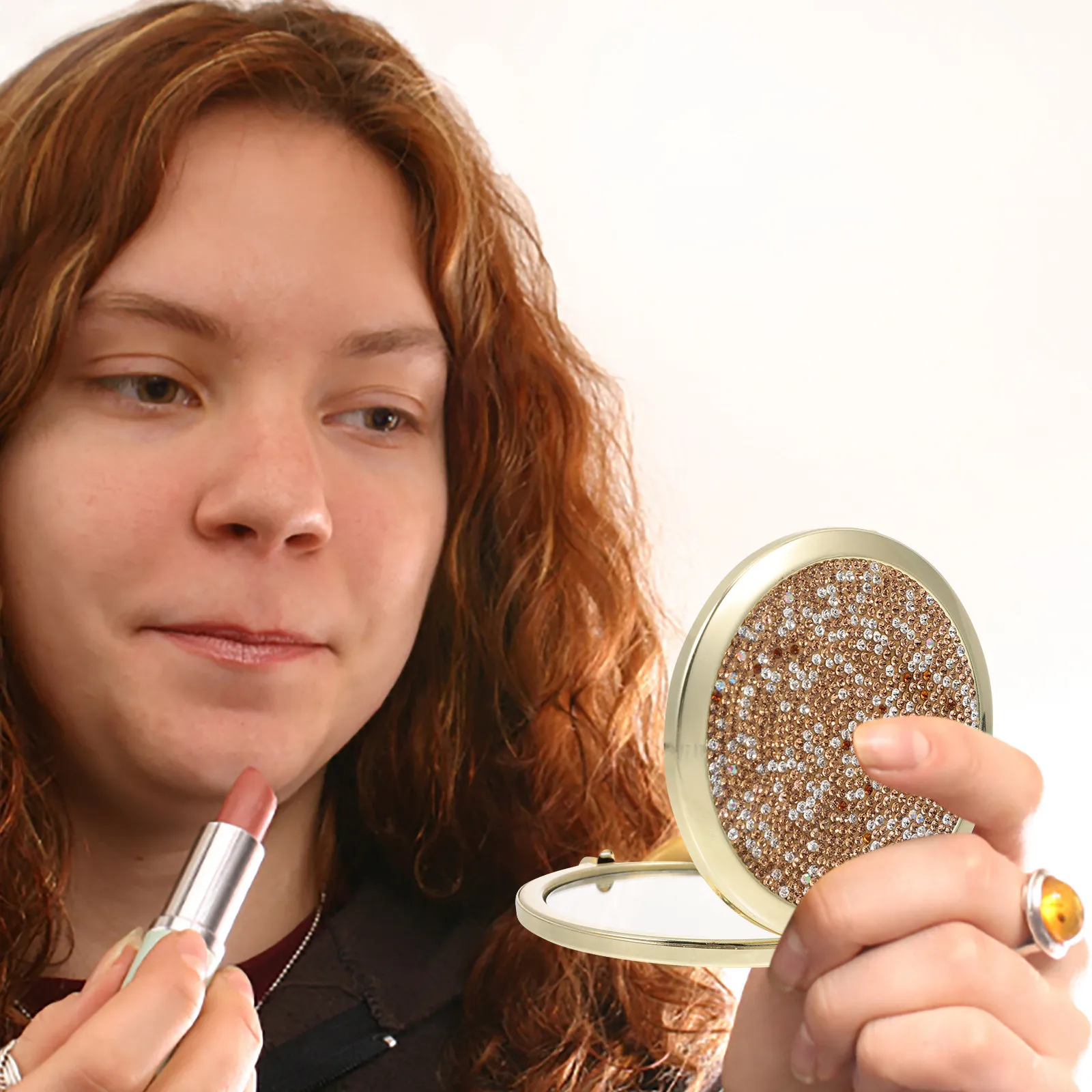 

Diamond Encrusted Compact Double-Side Foldable Makeup Mirror Portable Purse Travel Handheld Mirror for Women Stylish