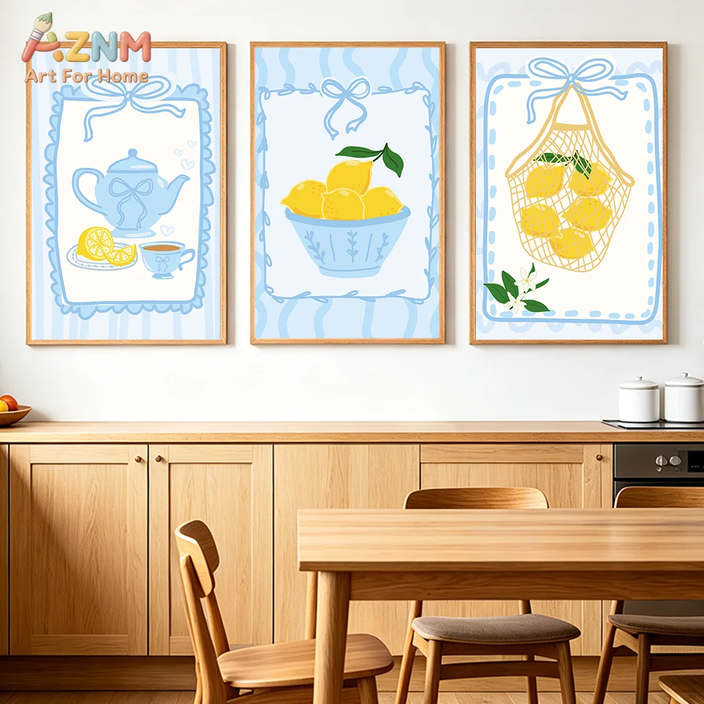 AZNM Unframed Canvas Print Blue Coquette Lemon Dessert Wall Art Cute Kitchen Home Decor Poster