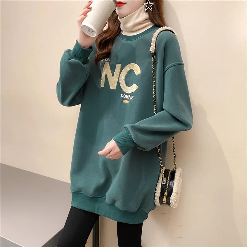 Autumn Winter High Collar Long Sleeve Fleece Thick Oversize Streetwear Female Sweatshirt Fake 2 Piece Letter Pullover Tops Women