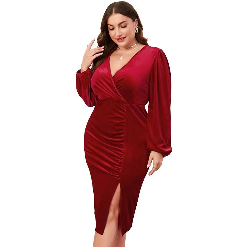 Plus Size Women Elegant Dress 2023 Winter Sexy V-neck Split Long Sleeve Velvet Dress Fashion Casual Solid Color Party Dresses