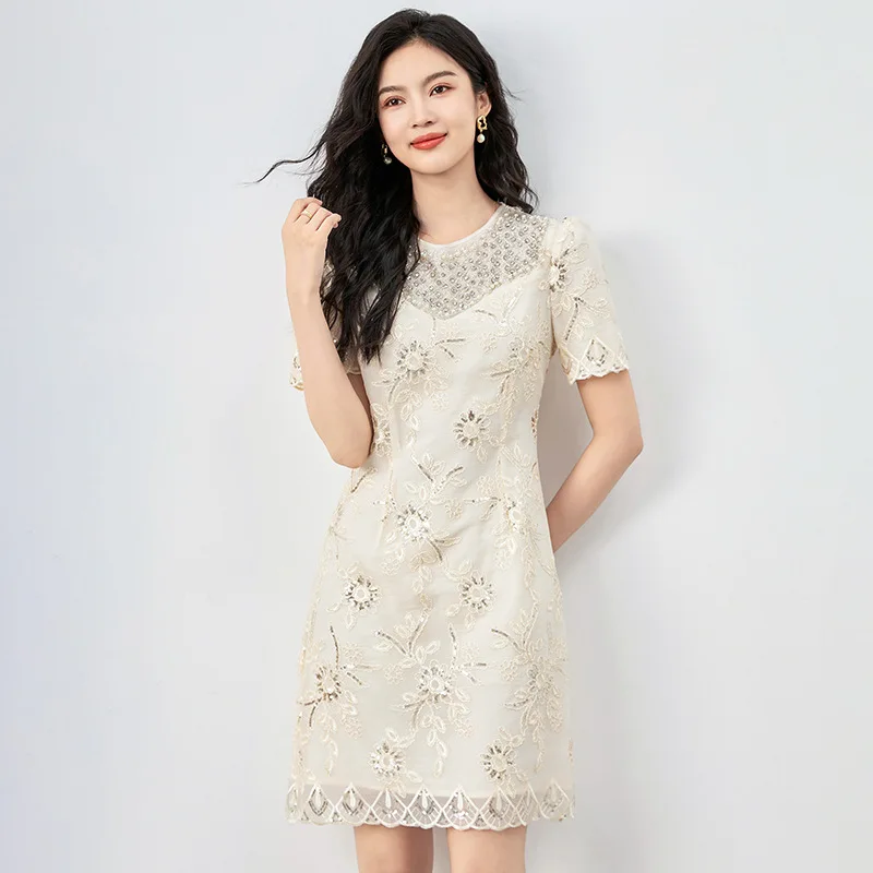 

Chic Sequin Embroidery Mini Dresses Spring Women Short Sleeved Pullover Dress Summer High Waist Round Neck Solid A Line Dress