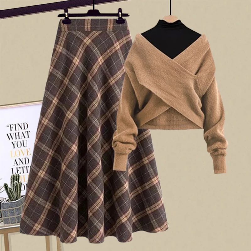 Fall Winter French Retro Plaid Skirts 3 Piece Sets For Woman Outfits Ladies Elegant Basic Shirts+cross Knitted Sweater+Skirt Set