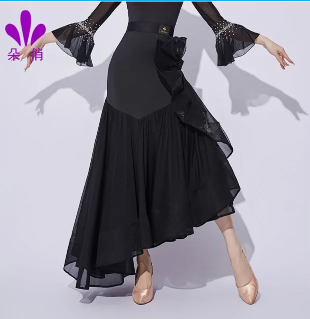 

1pcs/lot woman luxury black ballroom dance skirt lady waltz ruffles irregular skirt