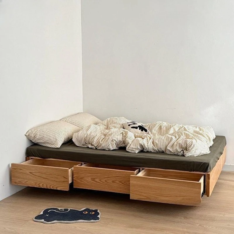 

North American red oak no bedside suspended solid wood tatami log drawer high box storage bed small apartment bed