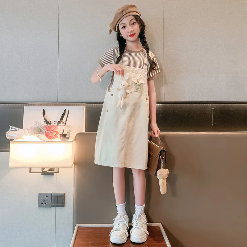 

2024 Summer Girls Sundress Skirt Suits Children T-shirt Cotton Suspender Dress 2Pcs sets Teen Girl Kids Straps Clothing Overalls