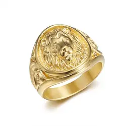 Hip Hop Bling Gold Color Stainless Steel Male Lion Round Finger Rings for Men Rapper Jewelry Drop Shipping