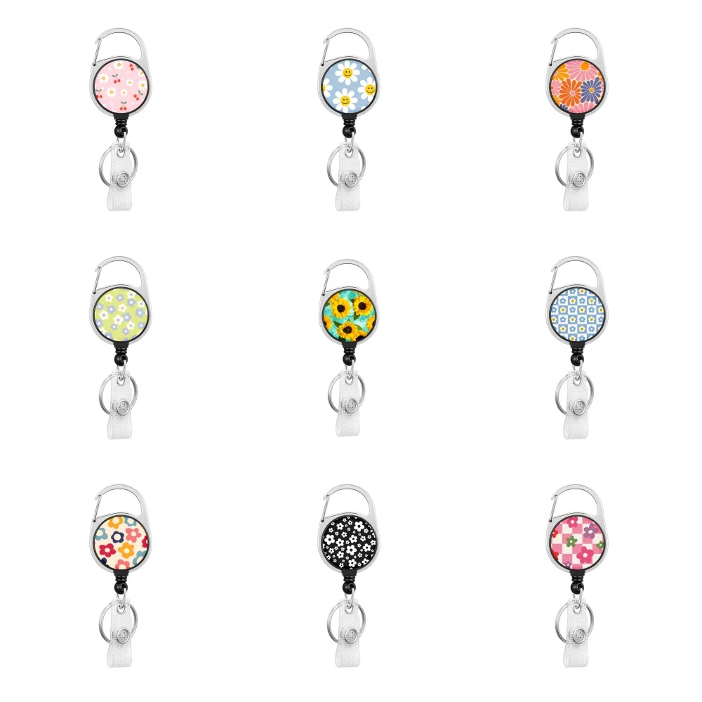 Hot selling circular chrysanthemum pattern Easy disassemble Zinc alloy badge automatic scroll easy pull buckle keychain H1206 A