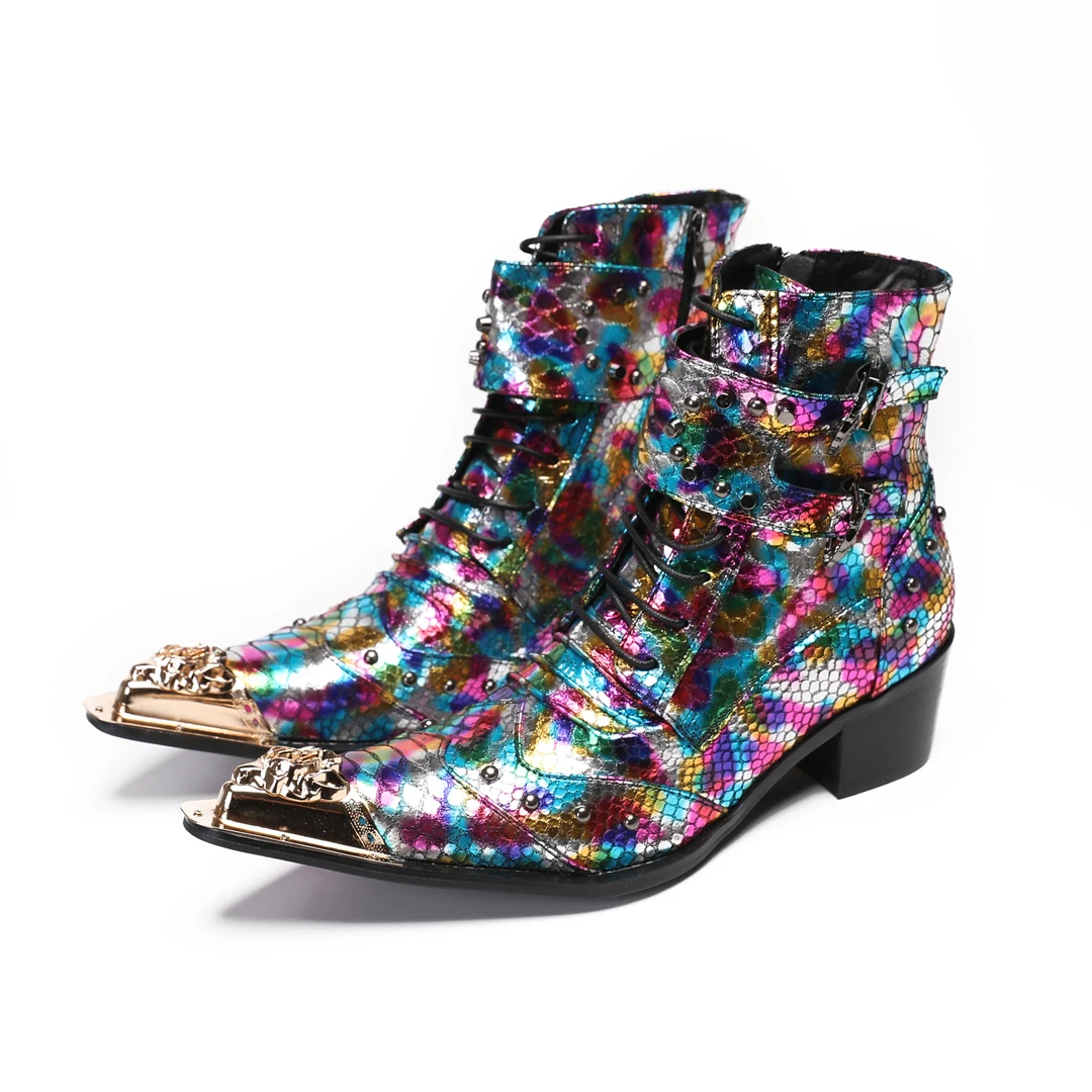 Multicolor Sequins Metal Pointed Toe Wedding Party Nightclub Men Short Boots Male Fashion Plus Size Genuine Leather Ankle Boots