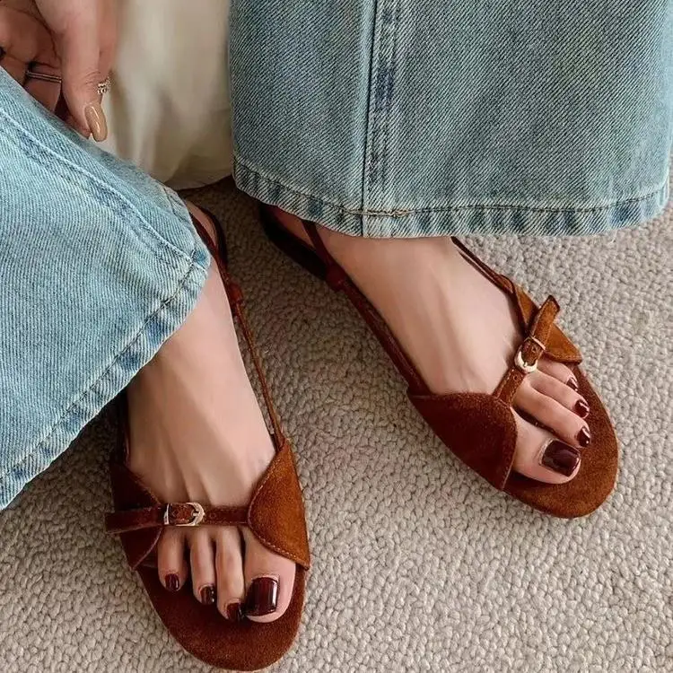 Female Sandal Comfort Shoes for Women Buckle 2024 Summer Girls Flat Retro Low New Fashion Beige Gladiator Casual Rubber Rome Cot