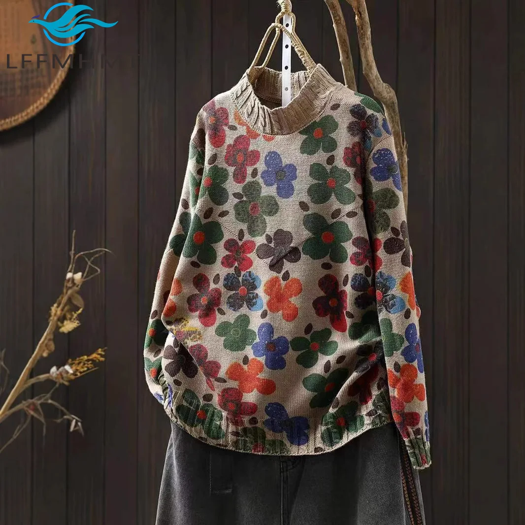 

Women's Loose Retro Casual Pullover Sweater Semi-High Collar Artistic Floral Print Cotton Yarn Knitting Stylish Comfortable Wear