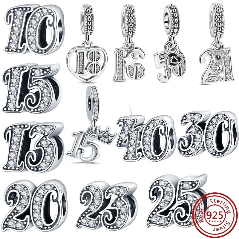 925 Silver Lucky Number 15 16 18 20 40st Celebration Heart Pendant Shiny Beads Fit Original Pandora Charms Bracelet Fine Jewelry