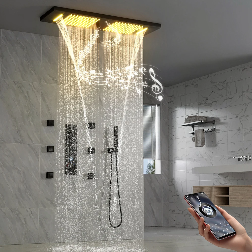 Matte Black LED Music Shower System Ceiling Mount Concealed Thermostatic Shower Faucet Set with Bluetooth Speaker & Body Jets