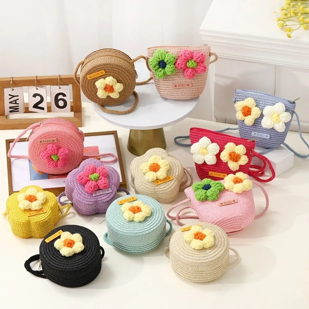 حقيبة يد إبداعية مصنوعة يدويًا للأطفال من القش على شكل زهرة حقيبة كروس منسوجة للأطفال البنات
