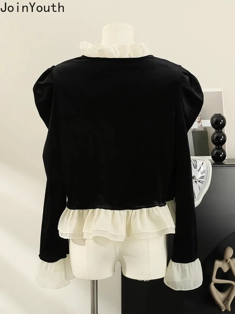 Black Velvet Blouse Women Clothes 2024 Camisas De Mujer Vintage Shirts Stand Neck Crop Tops Ruffles  Sweet Tunic Blouses 63a830