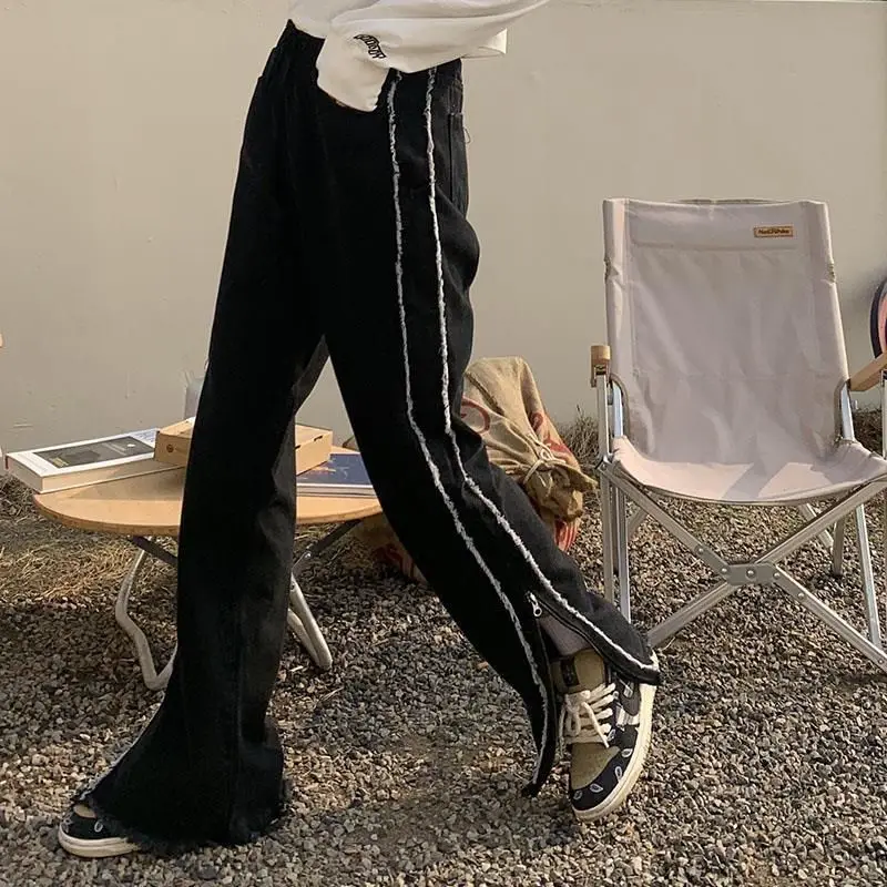 Black High Street Split Loose Jeans Women's Clothing Side Zipper Detail Denim Pants Fashion Wide Leg American Casual Trousers