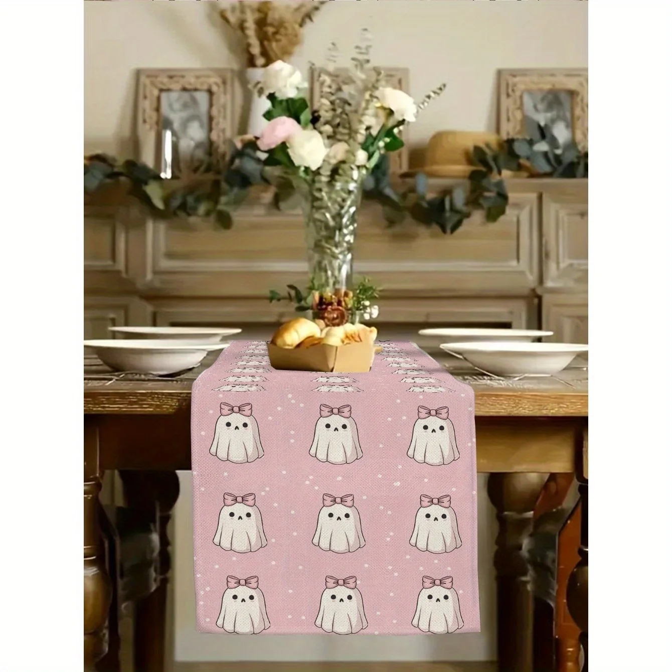 1 Piece of Halloween-Themed Table Runner with Pink Bow and Ghost Print Design, Suitable for Parties, Restaurants, Homes, Markets, and Holiday Decoration Settings.