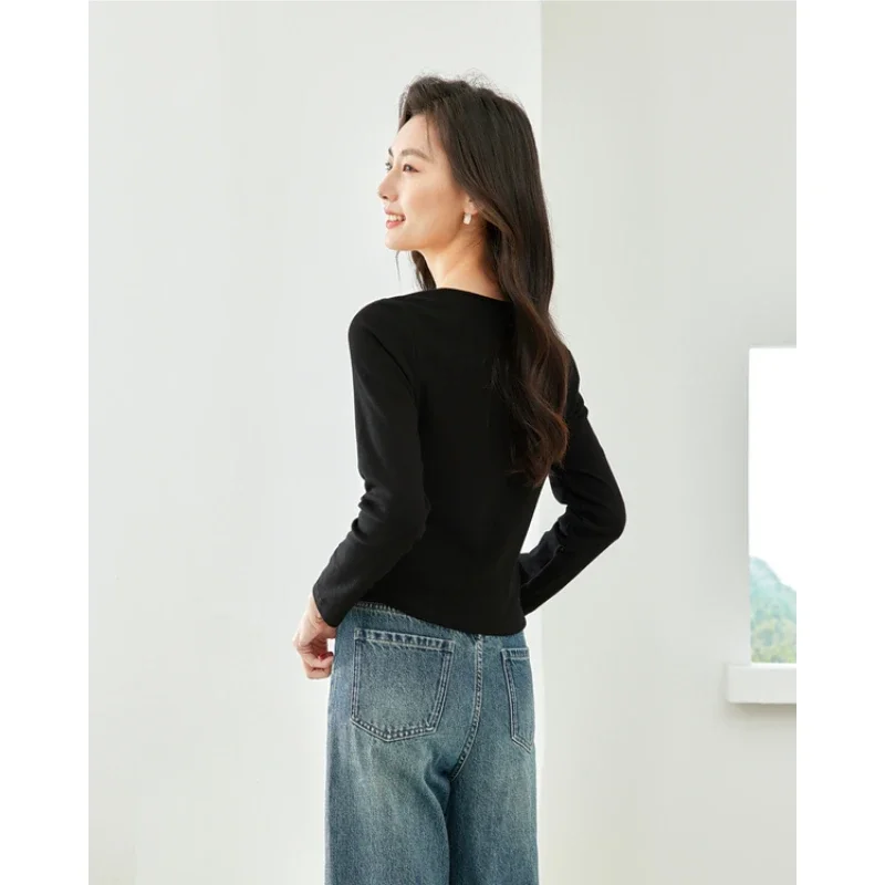 Vimly Gathered Slim Black T-shirts for Women 2023 Autumn Fall Fashion New Casual Long Sleeve Tops Solid Base Tee Shirt M3280