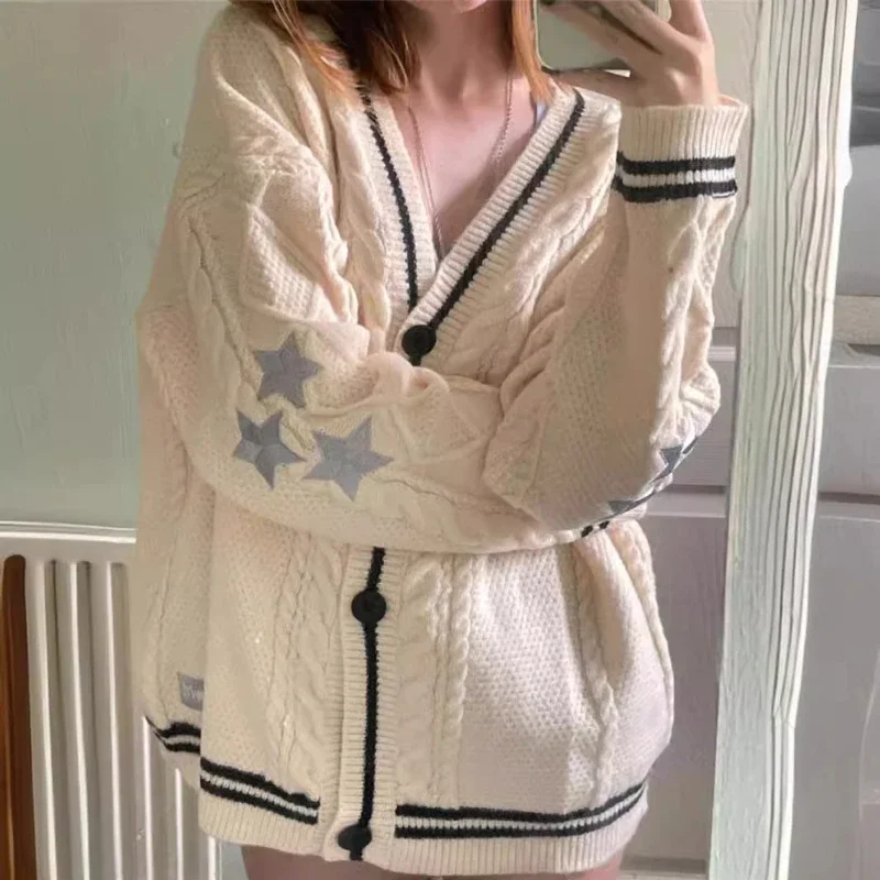 

White Women’s Knitted Cardigan Sweater with Embroidered Stars Casual Loose Fit Knitwear Outerwear for Stylish Comfort