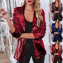 Giacca da donna con paillettes e paillettes Casual manica lunga Glitter Party lucido cappotto con risvolto Vintage con paillettes giacche Club Party Wear