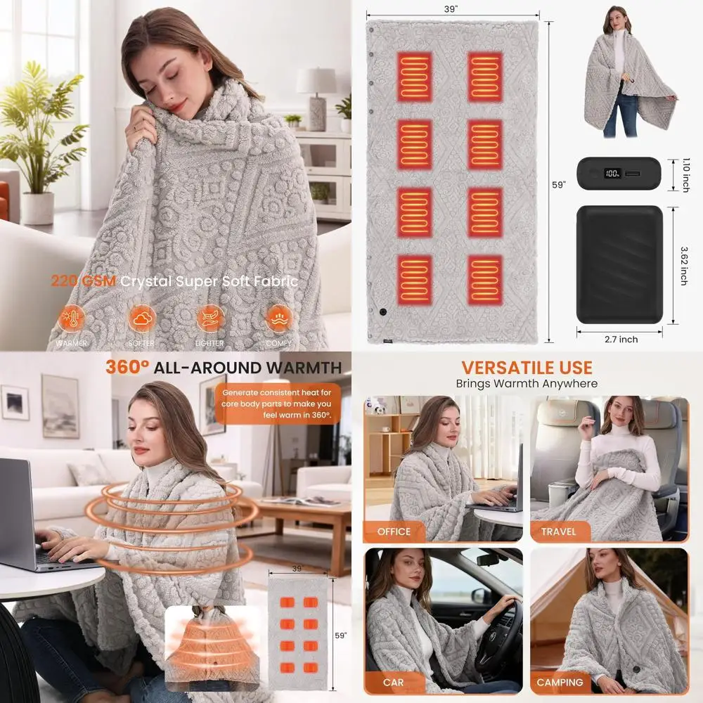 

Cordless Faux Fur Electric Blanket with Power Bank - 3 Heat Levels, Fast Warming, 59x35.5 Gray-Green