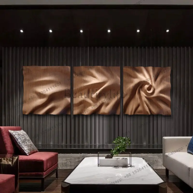 Simple modern abstract wood carving decorative painting triptych living room sofa background wall three-dimensional painting