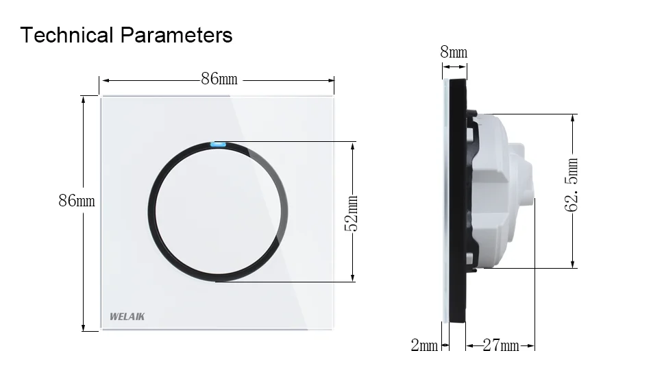 WELAIK UK standard-Crystal Glass-Panel  Push-Button-Switch  Wall-Light Switch AC 110-250V 1Gang-2Way B1712W