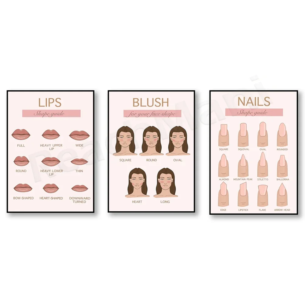 Beauty salon print, blush print, lips poster, nail shapes, nail salon makeup artist gift, manicure pedicure, manicurist