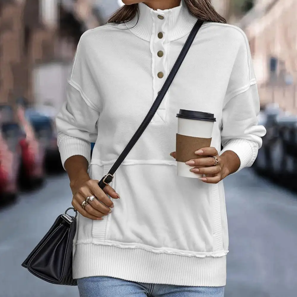 Fall Spring Women Sweatshirt Solid Color Half-open Stand Collar Loose Pullover Top With Big Pocket Elastic Cuff Lady Sweatshirt