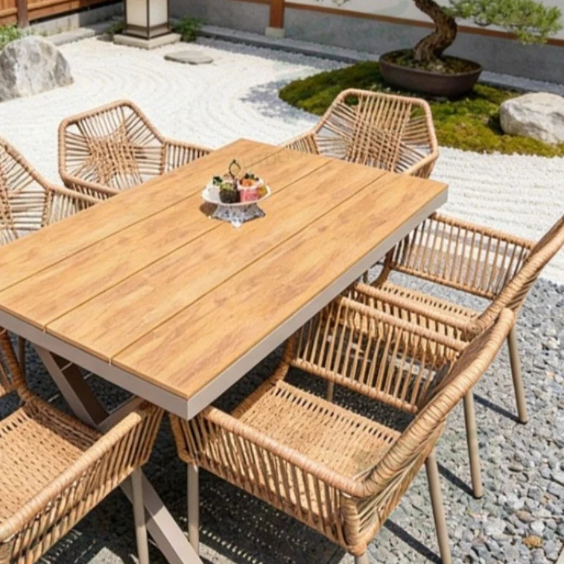 Table and chair rattan courtyard combination, casual rattan chair dining table waterproof and sunscreen