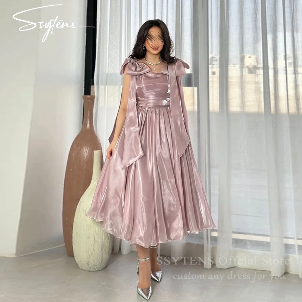 

SSYTENS Saudi Arabic Evening Dresses Bow A-Line Tea Length Customized Pleats Girls Pink Wedding Party Dress Vestido De Noche