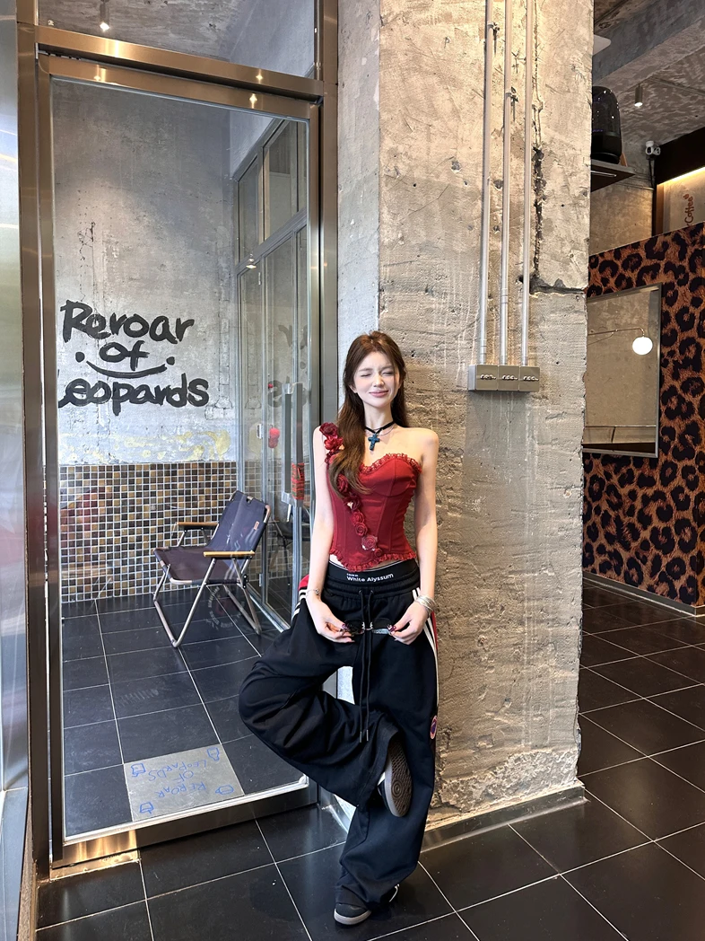 

Sexy Spicy Girl Style Set Red Sexy Strap Vest Women Summer Slimming Casual Pants Two Piece Set High Waist Long Pants No Sleeve