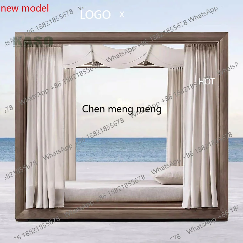 Outdoor White Canopy Pool Lounge Chair Wooden Hotel Luxury Teak Wood Cabana Aluminium Rattan Sun Lounger With Shade  A178
