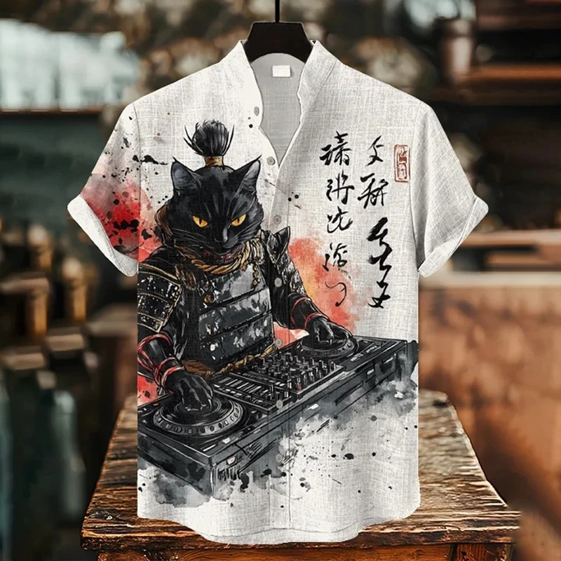 Men's vintage fashion cool black cat warrior Japanese ninja pattern printed short-sleeved button shirt