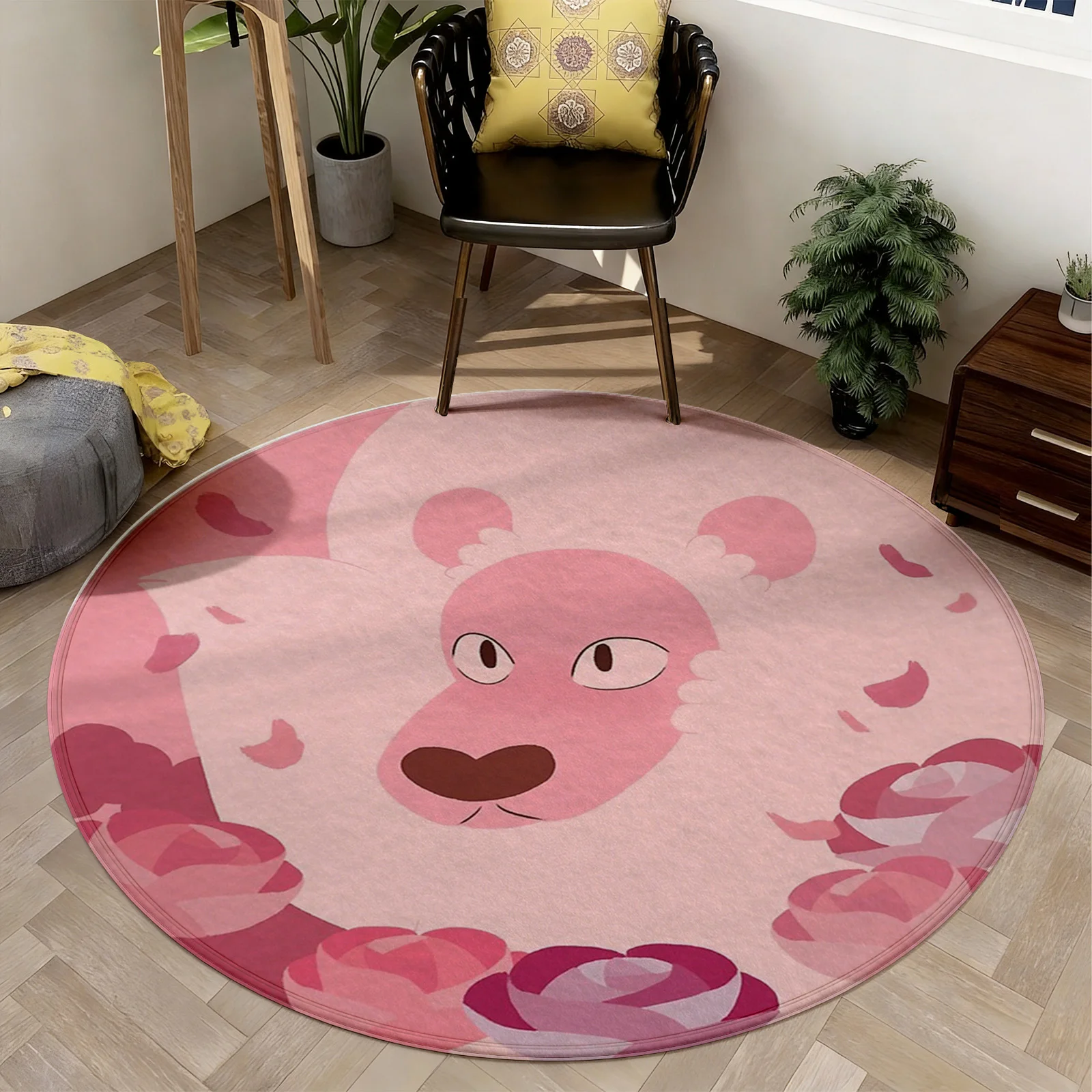 Round Pink Lion Print Area Rug Cute Nursery Kids Floor Mat Boho Living Room Decor Pet Friendly Soft Carpet