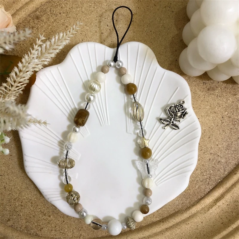 Korea Cute Butterfly Beaded Phone Chain Charm Lanyard For iPhone Samsung Universal Accessories Anti-Loss Lanyard Jewelry Pendant