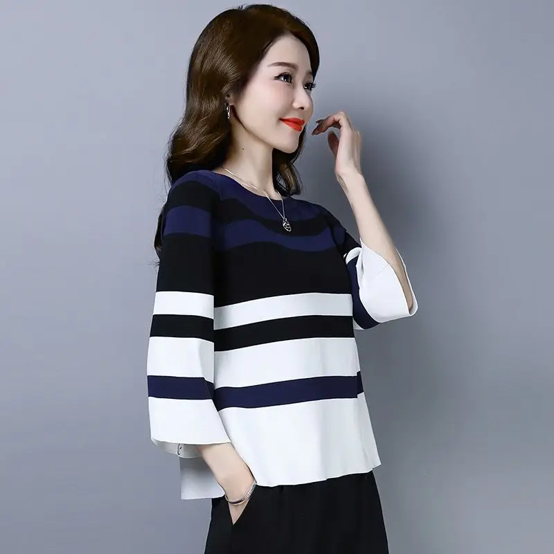 캐주얼 O-넥 3 쿼터 스트라이프 트렌드 올 매치 한국 루즈 티셔츠, 편안한 여성 의류, 2022, 여름 신상