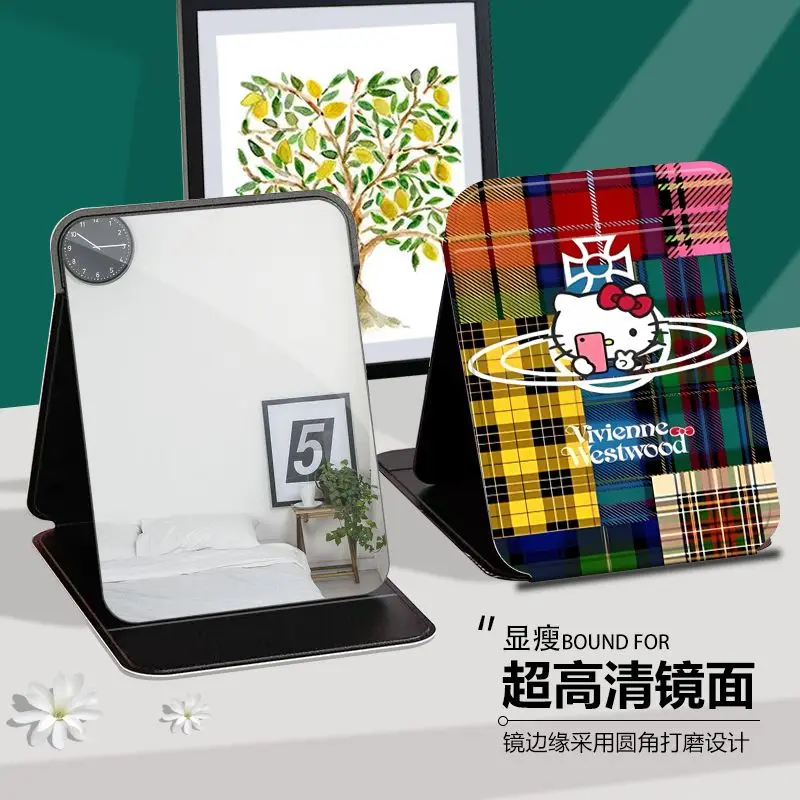 Anime Hello Kitty Line Plaid KT Folding Makeup Mirror Storage Student Portable Dormitory Desktop Desktop Dressing Mirror Gitts