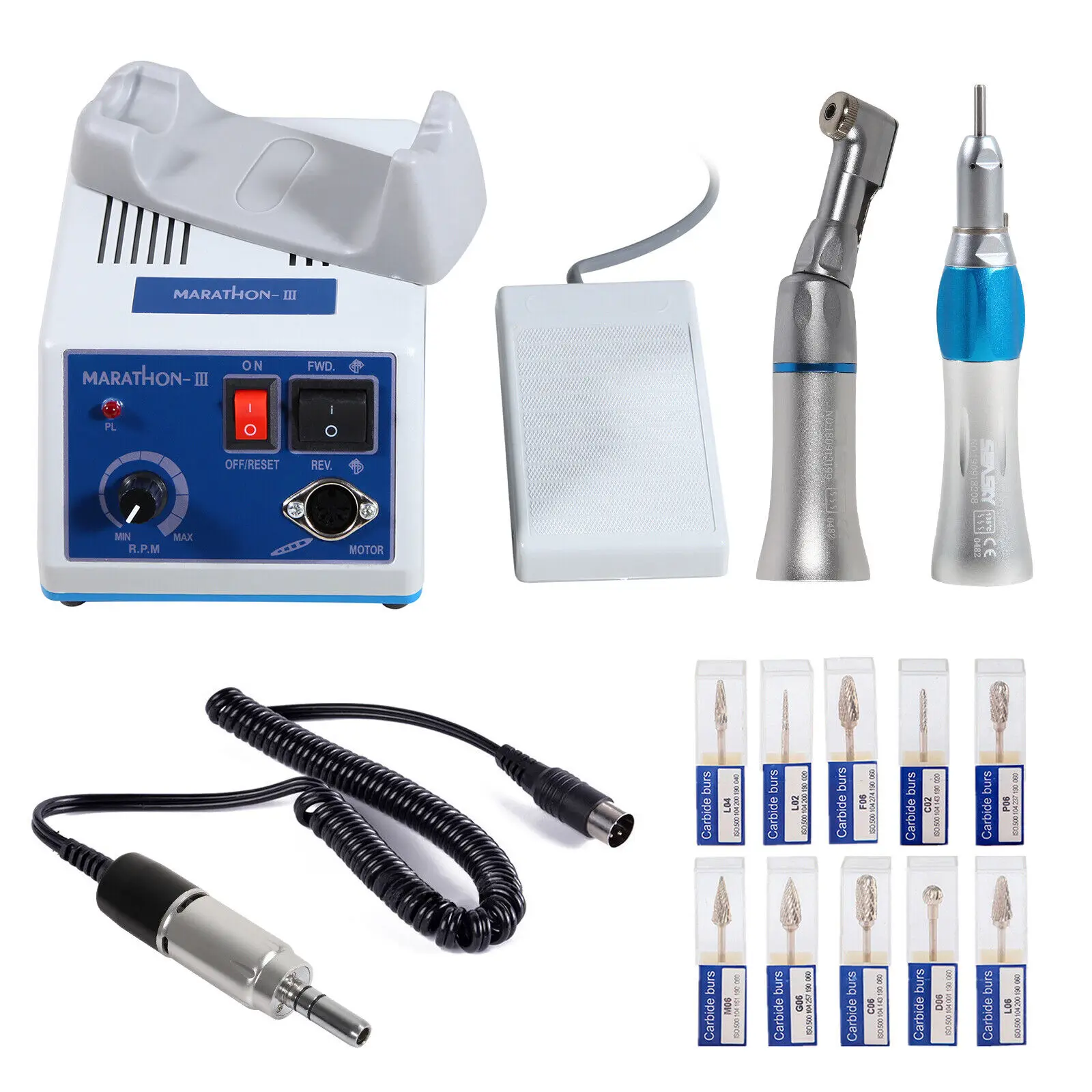 Dental Lab Marathon III Electric Micromotor 35000 RPM & Low Speed Contra Angle Straight Handpiece &10PCS Polishing Drill Burs