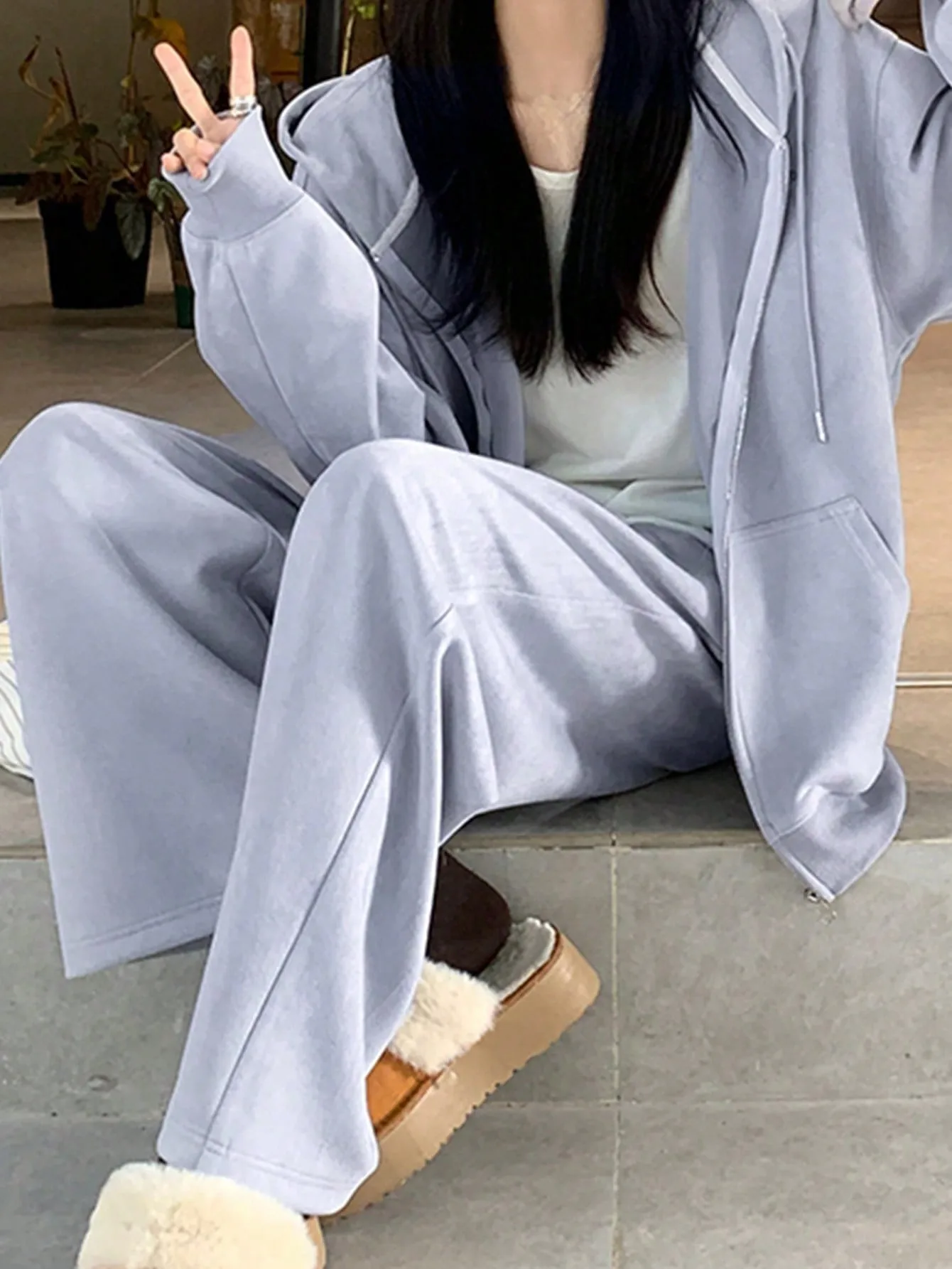 

South Korea's Dongdaemun Spring and Summer Lazy Style Gray Thickeneded Warm Casual Pants Straight Loose Floor-Length Wide Legs for Women