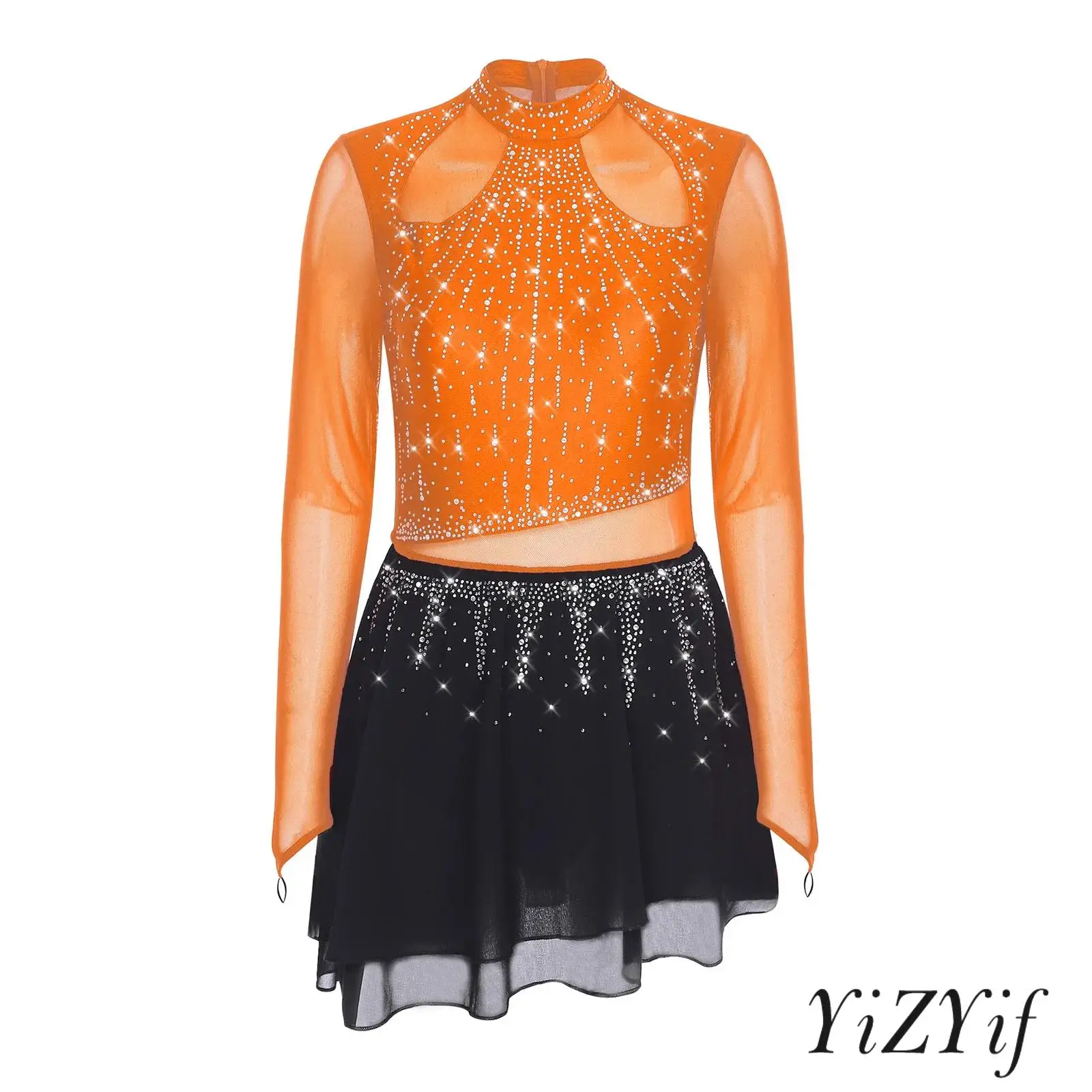 

Womens Lyrcial Modern Dance Leotard Dress Rhinestone Long Sleeve Sheer Mesh Chiffon Skirt Figure Skating Competition Clothes